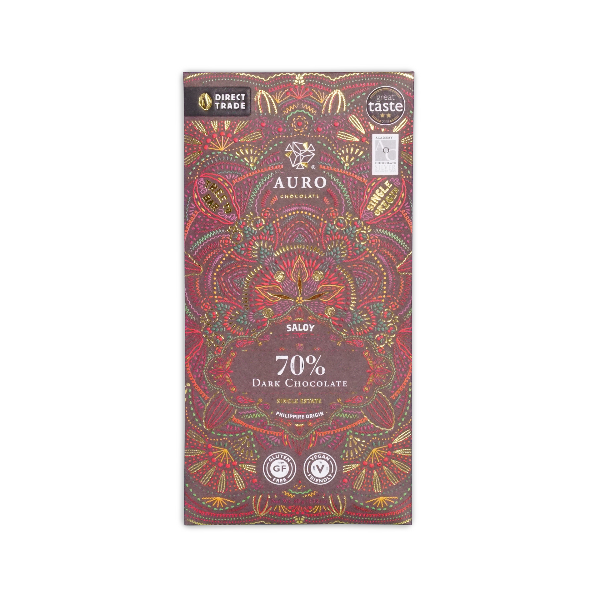 Auro Chocolate Saloy 70% bar in a dark wrapper with a dense red and gold folk art pattern, Philippine origin.