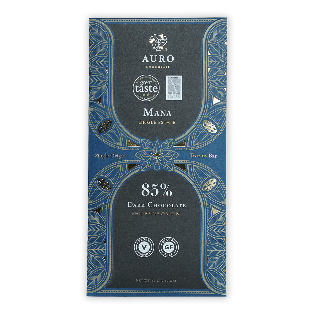 Auro Reserve Mana Single Estate 85% dark chocolate bar in blue silver leaf foil