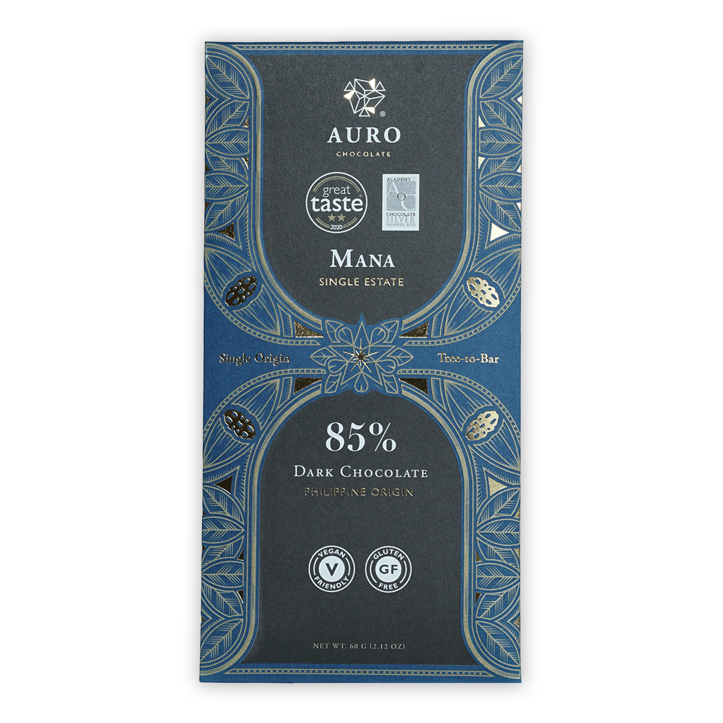 Auro Reserve Mana Single Estate 85% dark chocolate bar in blue silver leaf foil