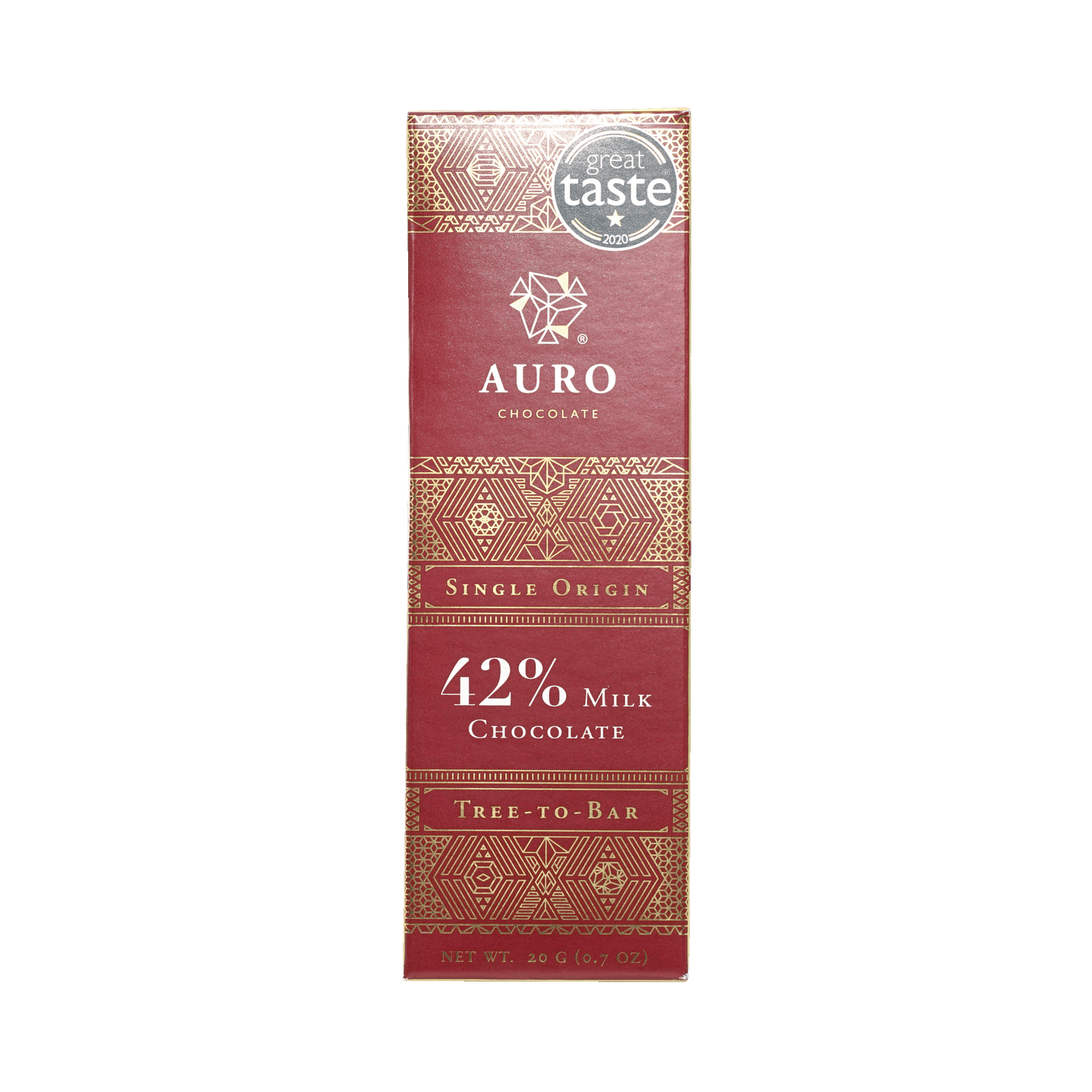 Auro Mini Chocolate Bar Milk 42% single origin tree-to-bar in red gold foil