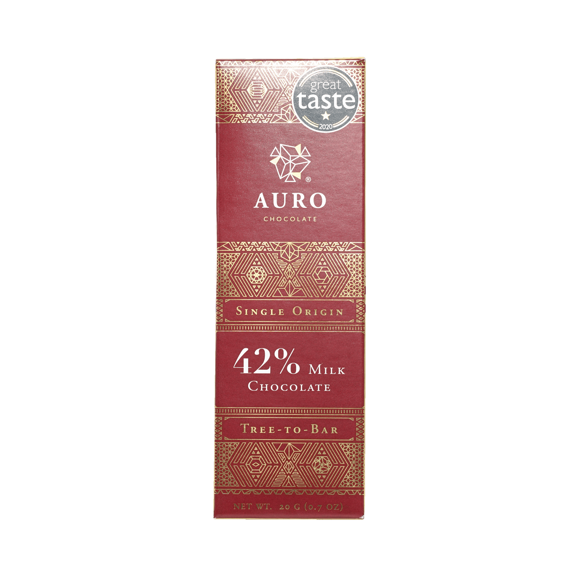 Auro Mini Chocolate Bar Milk 42% single origin tree-to-bar in red gold foil