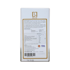 Back of a white and gold Belvie Chocolate box with maker notes, ingredients, and nutrition facts, 80g.