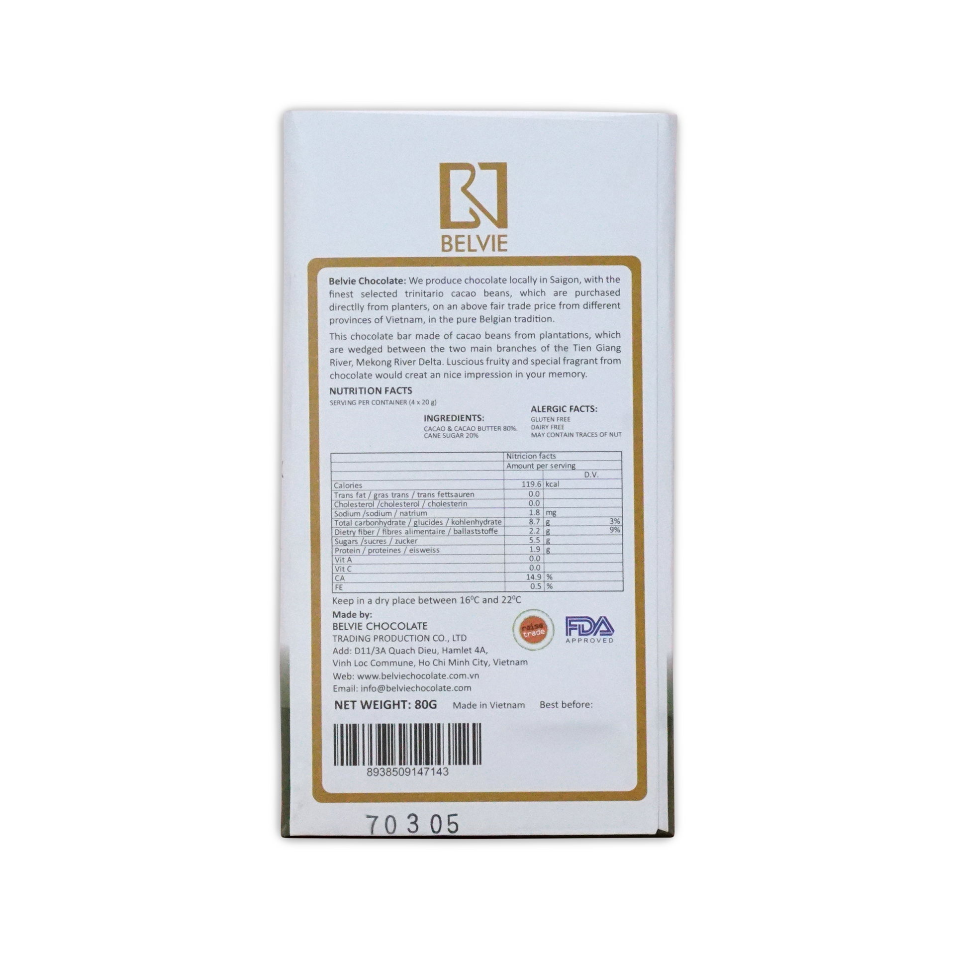 Back of a white and gold Belvie Chocolate box with maker notes, ingredients, and nutrition facts, 80g.