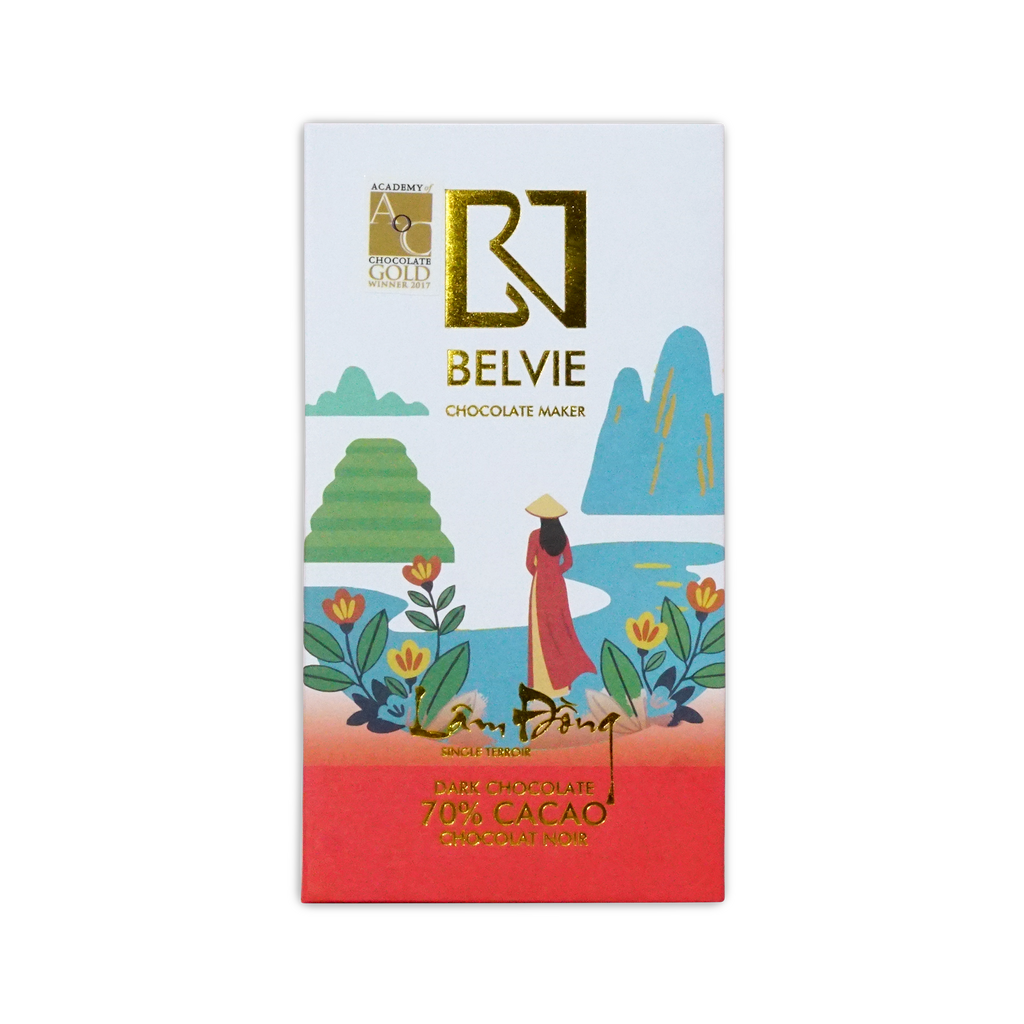 White Belvie Lam Dong 70% box with a gold logo and an illustrated woman in a red ao dai beside a lake.