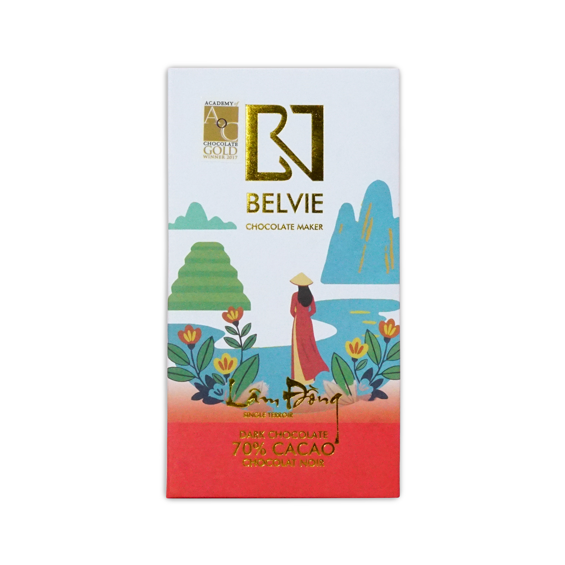 White Belvie Lam Dong 70% box with a gold logo and an illustrated woman in a red ao dai beside a lake.
