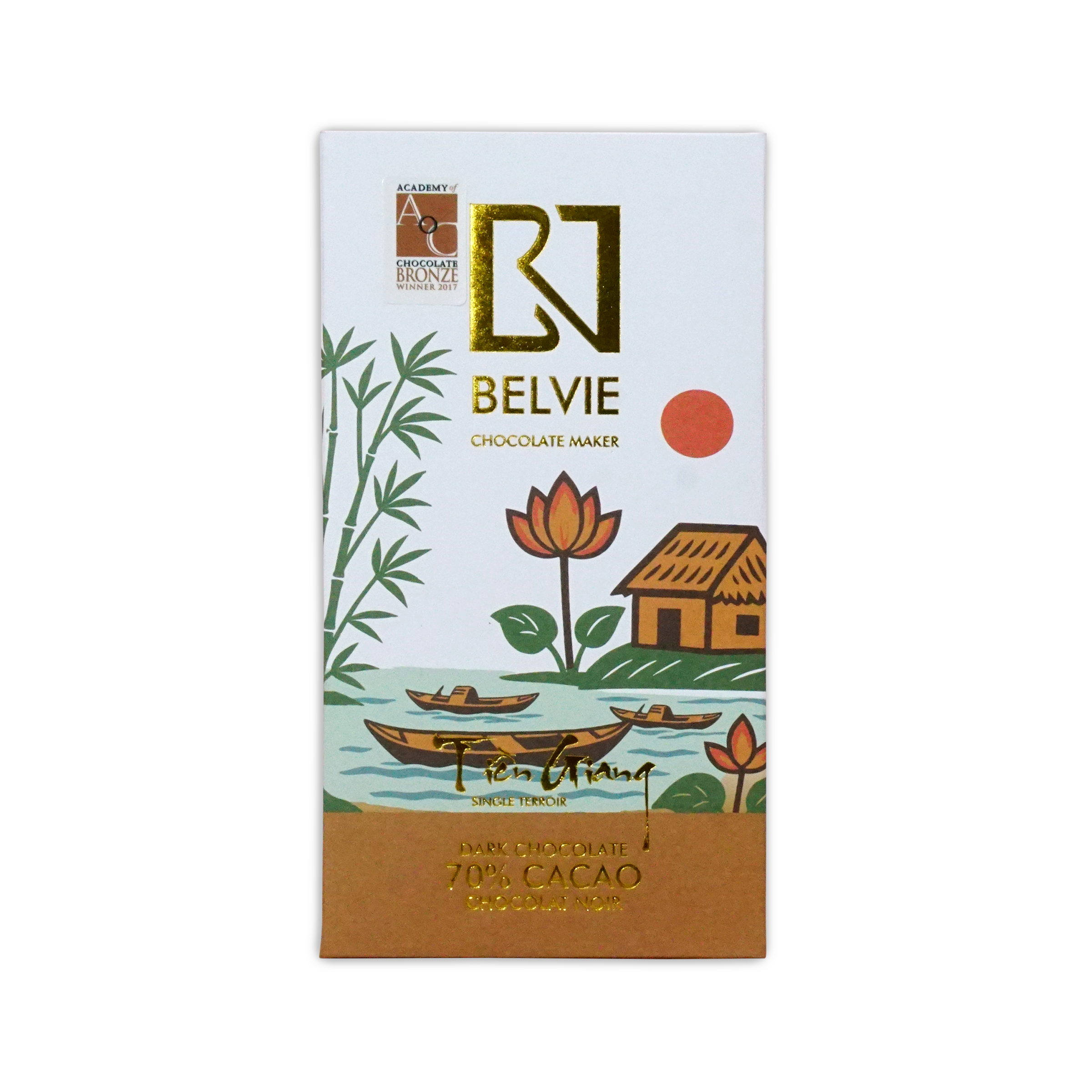 White Belvie Tien Giang 70% box with a gold logo and an illustrated river scene with boats and a lotus.