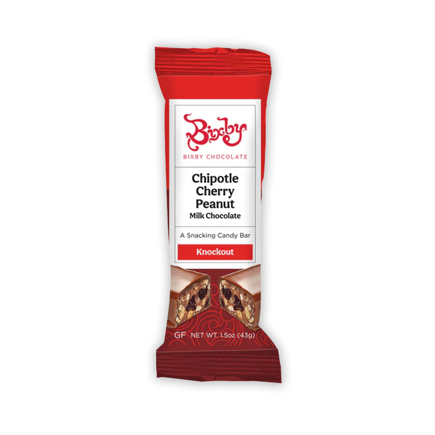 Bixby Mini Chocolate Snack Bars Knockout red chipotle cherry peanut bar in glossy wrapper
