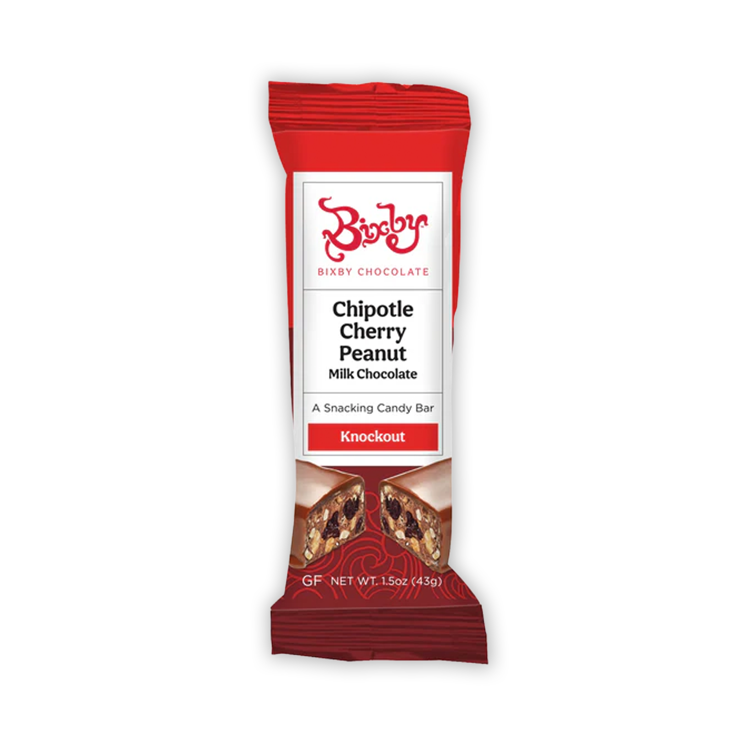 Bixby Mini Chocolate Snack Bars Knockout red chipotle cherry peanut bar in glossy wrapper