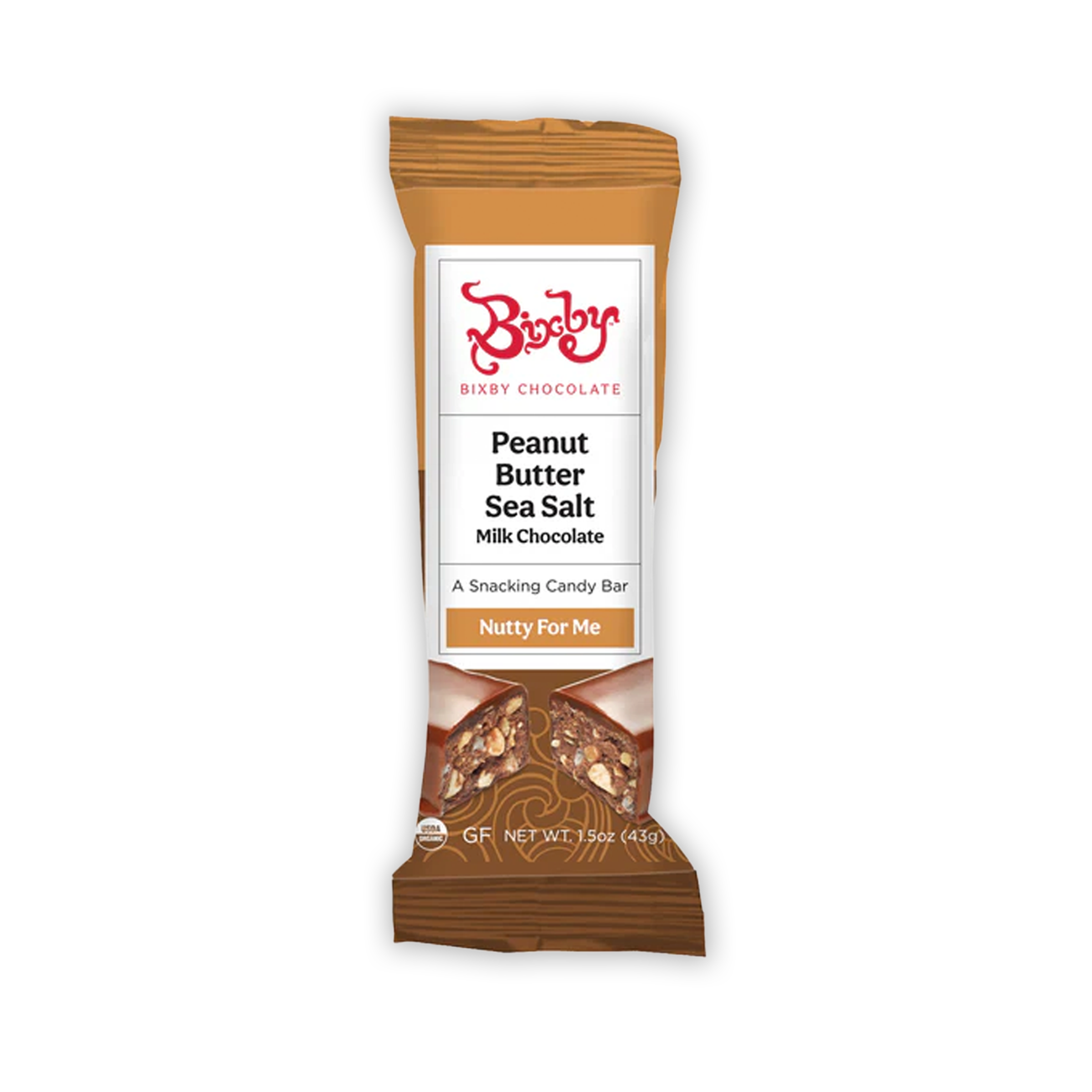 Bixby Mini chocolate peanut butter sea salt milk chocolate bar in brown white wrapper