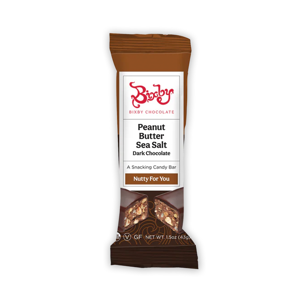 Bixby Mini peanut butter sea salt dark chocolate snack bar in brown foil