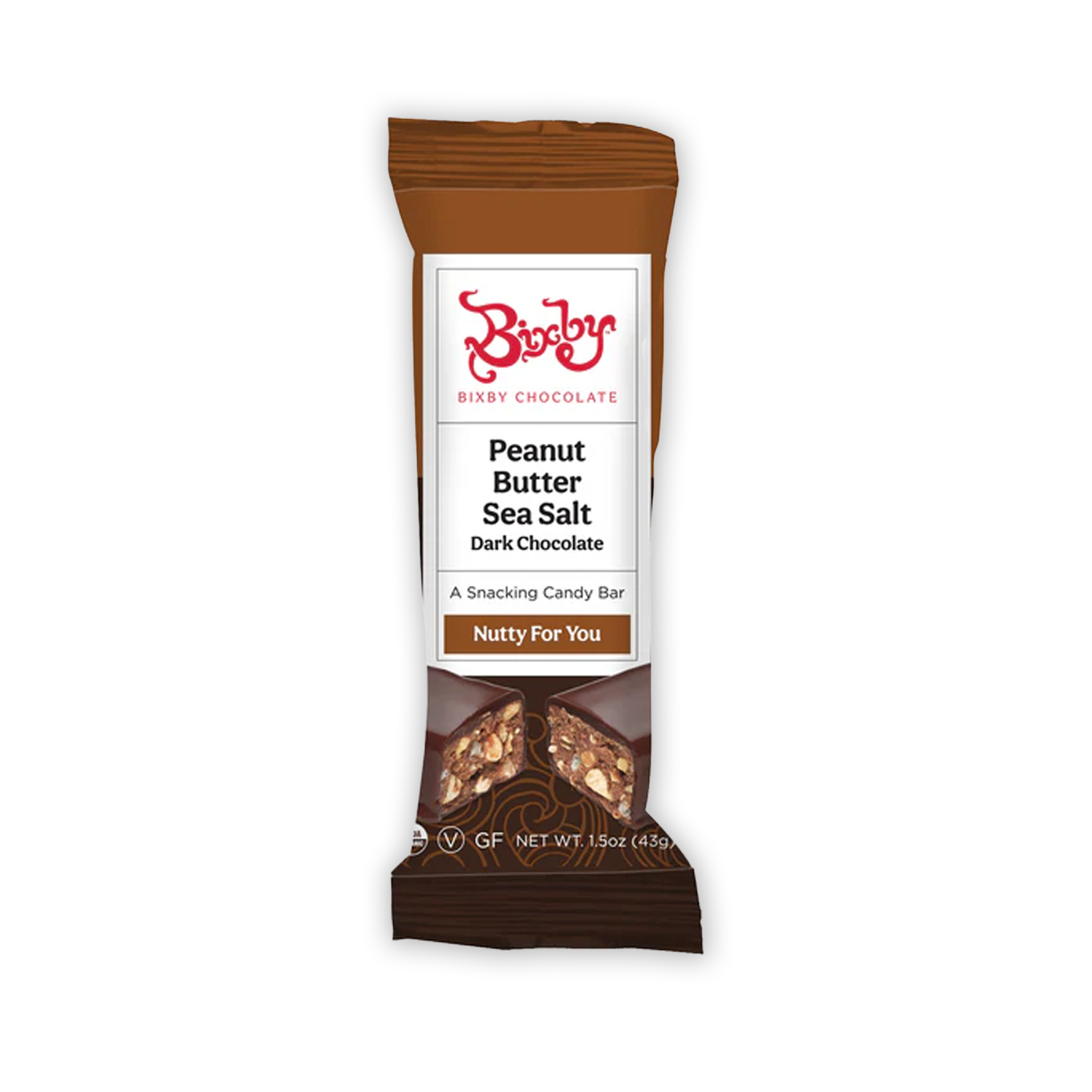 Bixby Mini peanut butter sea salt dark chocolate snack bar in brown foil