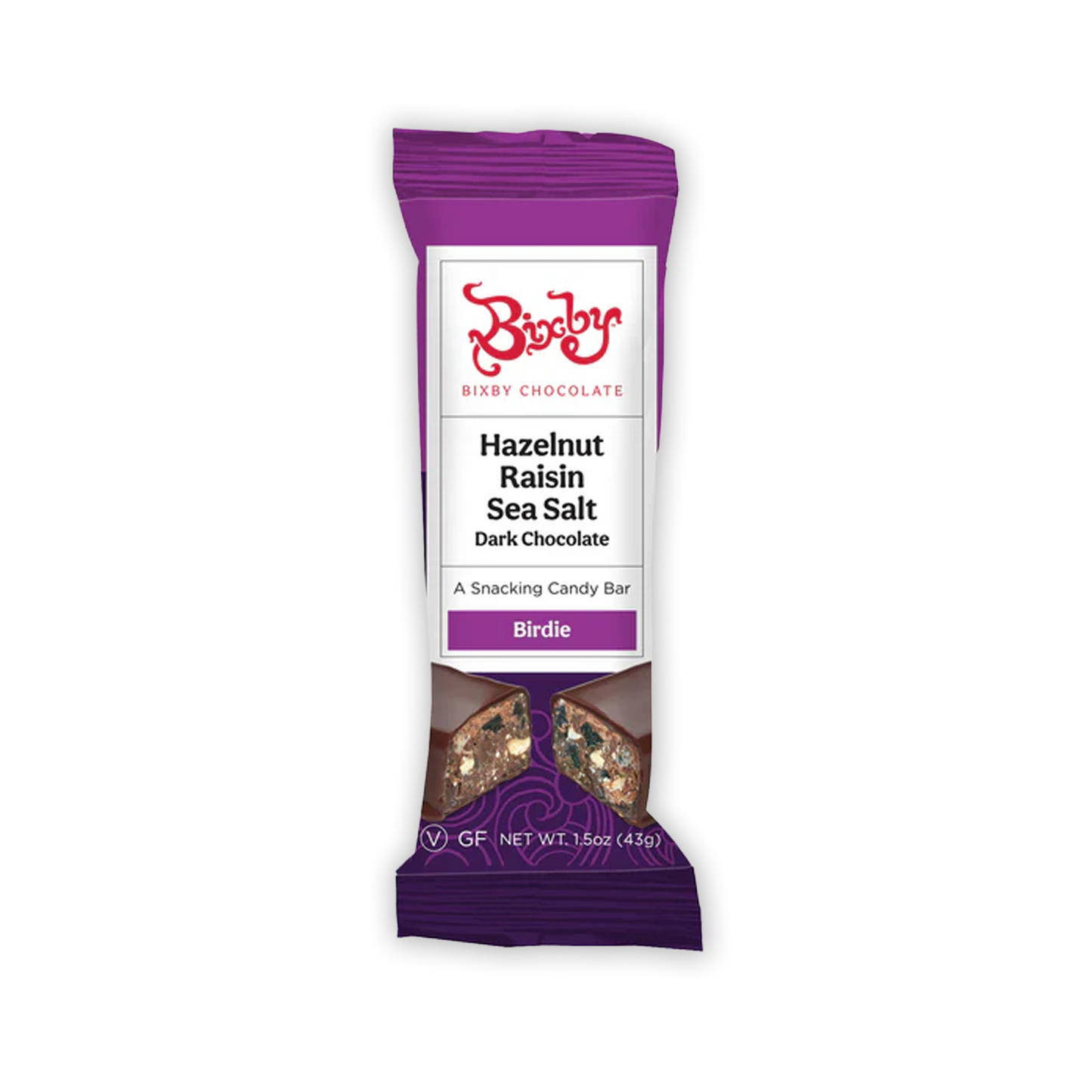 Bixby Mini Birdie purple-wrapped dark chocolate hazelnut raisin sea salt bar