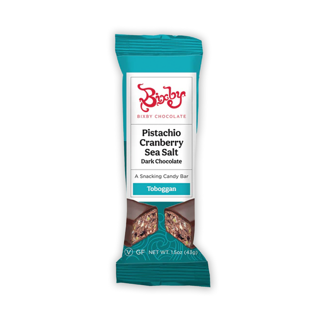 Teal Bixby Toboggan mini chocolate bar with pistachio cranberry sea salt flavor