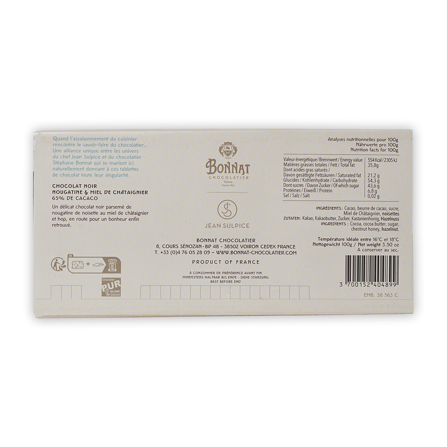 Bonnat Dark Nougatine & Chestnut Honey Bar 65%