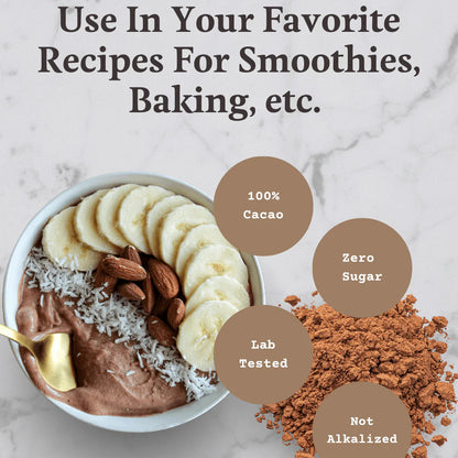 Rich dark chocolate smoothie bowl with bananas, almonds, coconut using Ora Cacao powder