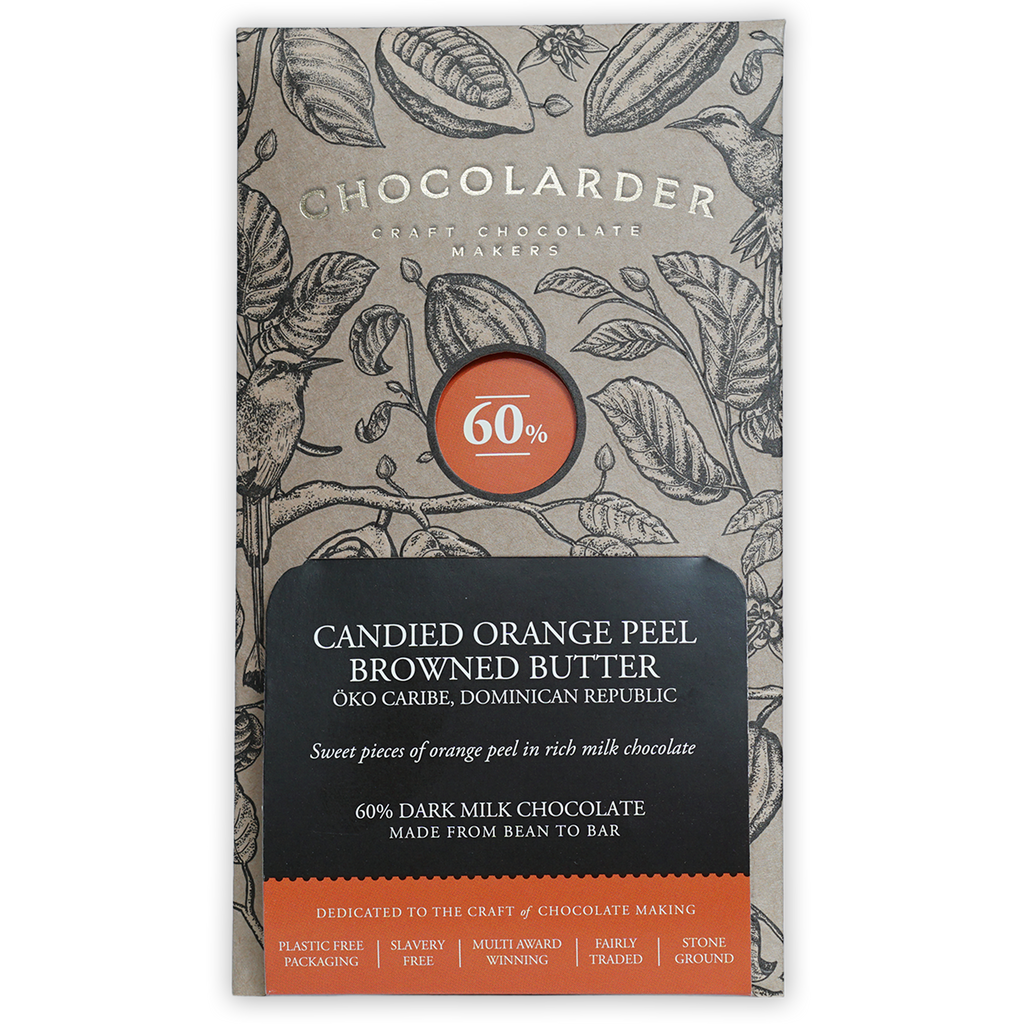 Chocolarder 60% dark milk chocolate bar with candied orange peel and browned butter