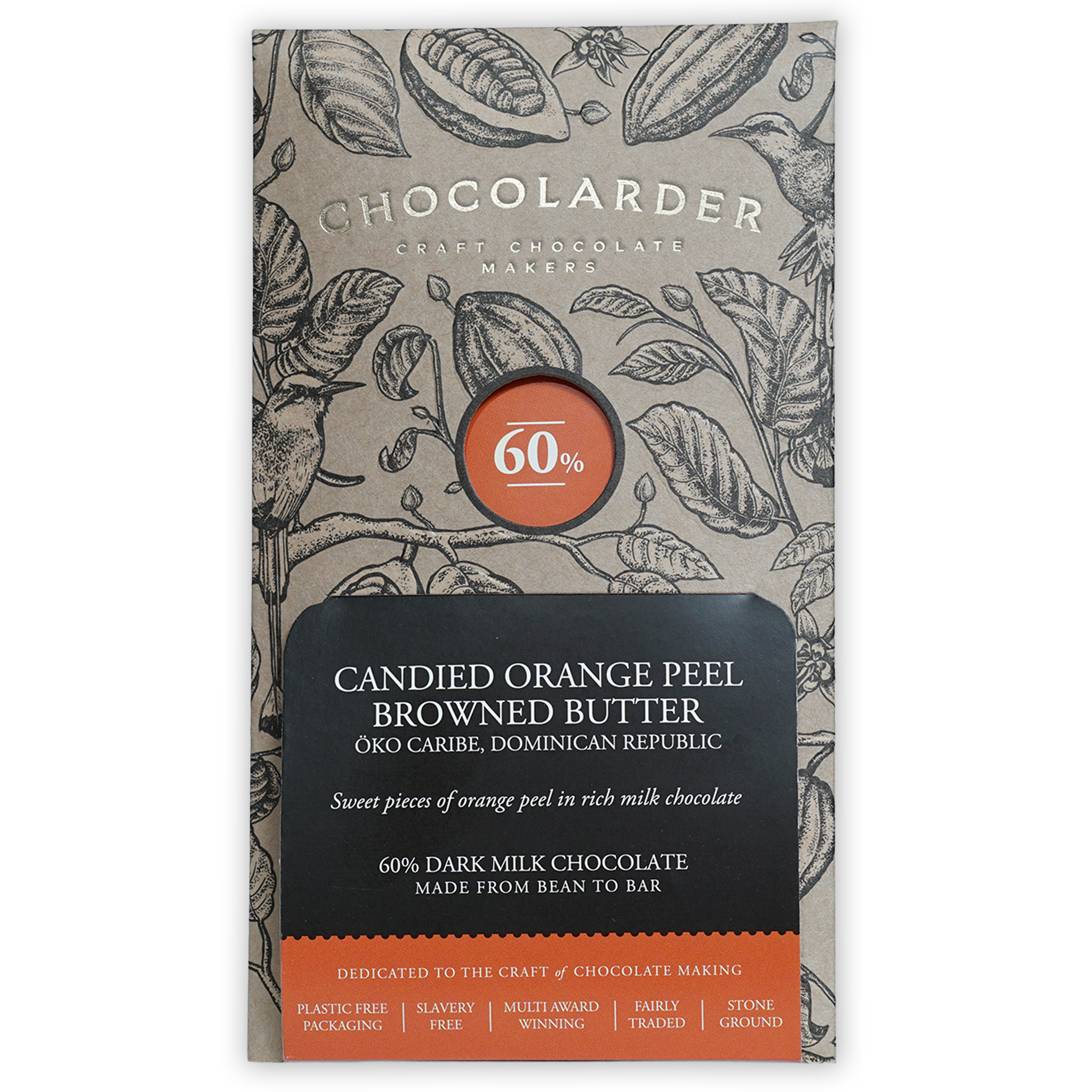 Chocolarder 60% dark milk chocolate bar with candied orange peel and browned butter