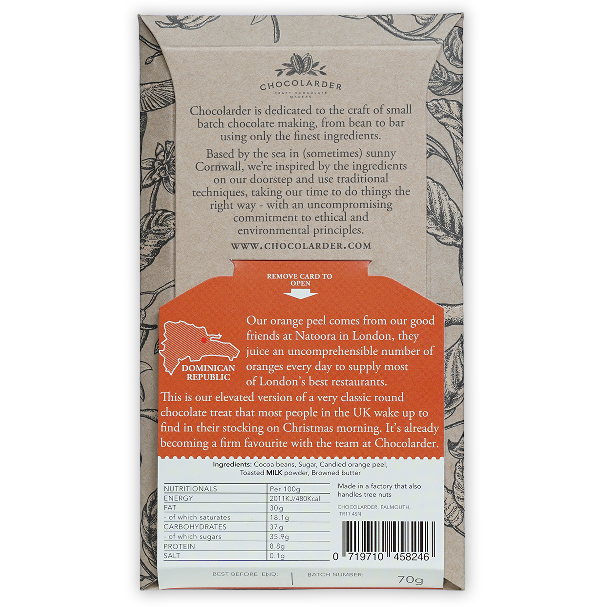 Back of Chocolarder candied orange peel brown butter milk chocolate 60% wrapper