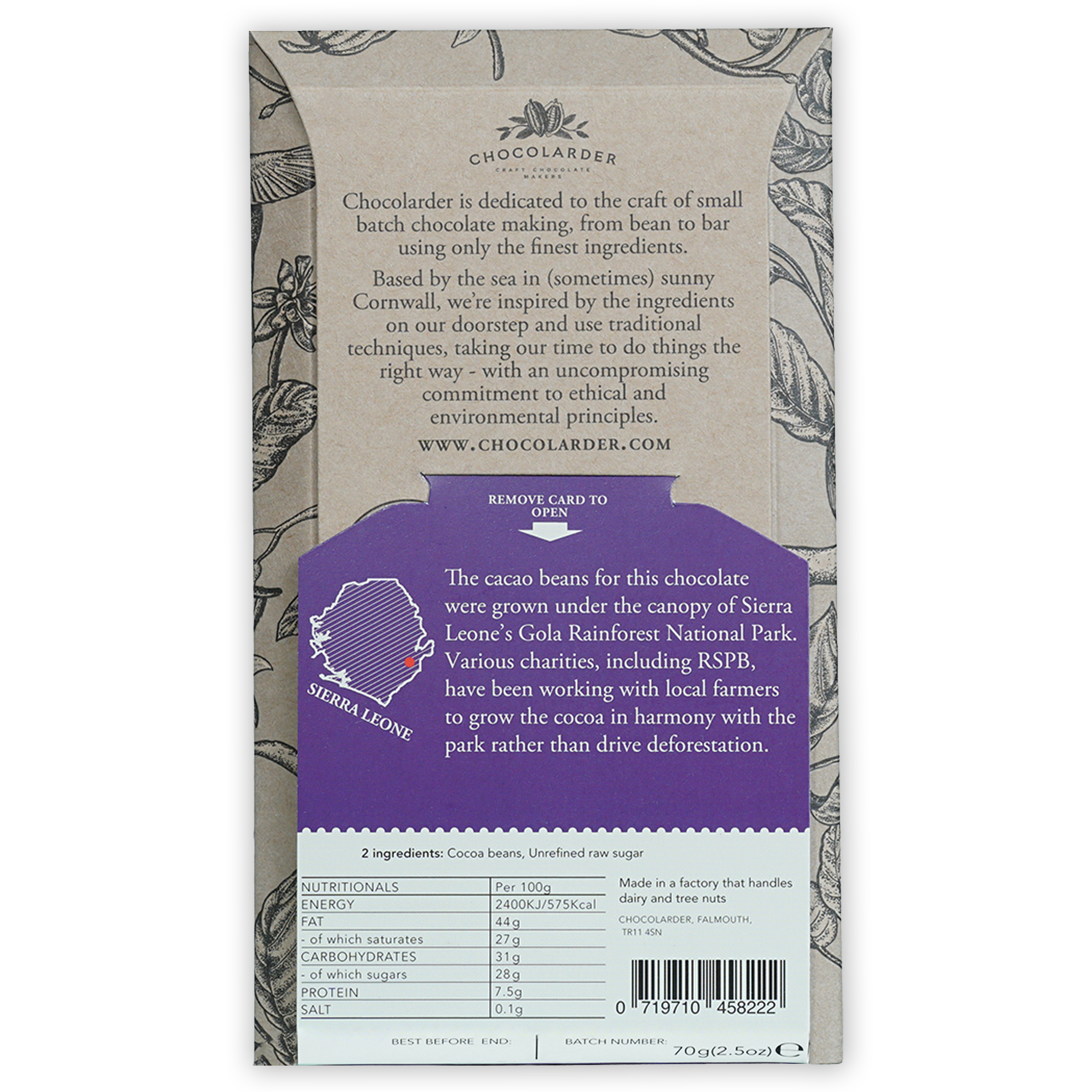 Back of Chocolarder Dark Gola Rainforest 78% bar wrapper with beige purple botanical design