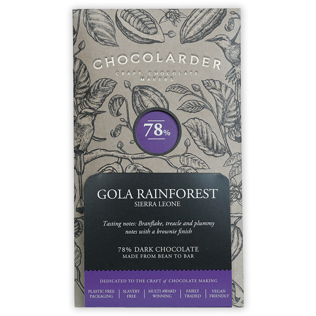 Chocolarder Dark Gola Rainforest 78% chocolate bar with botanical wrapper