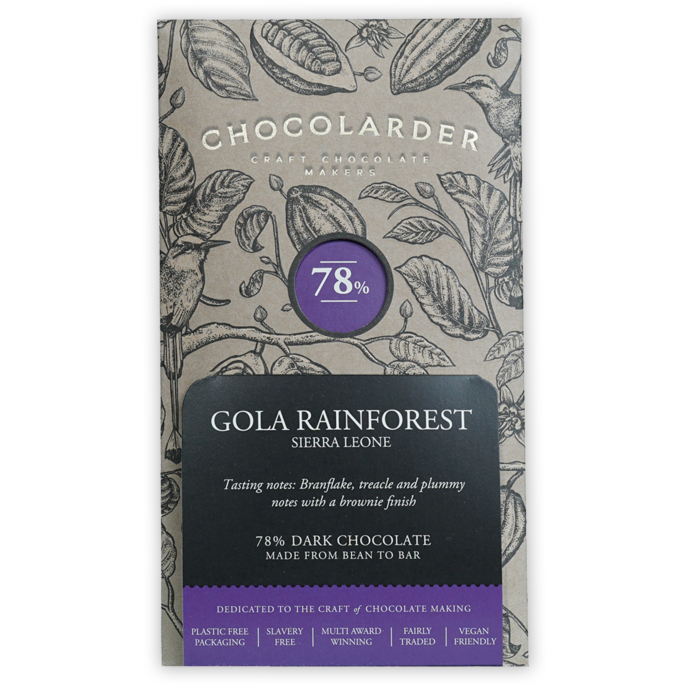 Chocolarder Dark Gola Rainforest 78% chocolate bar with botanical wrapper