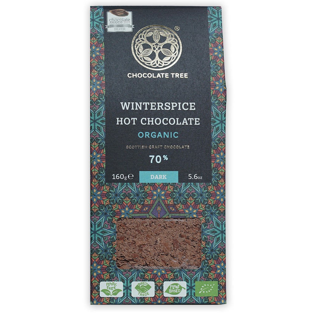 Chocolate Tree Winterspice organic 70% dark hot chocolate bar in teal green package