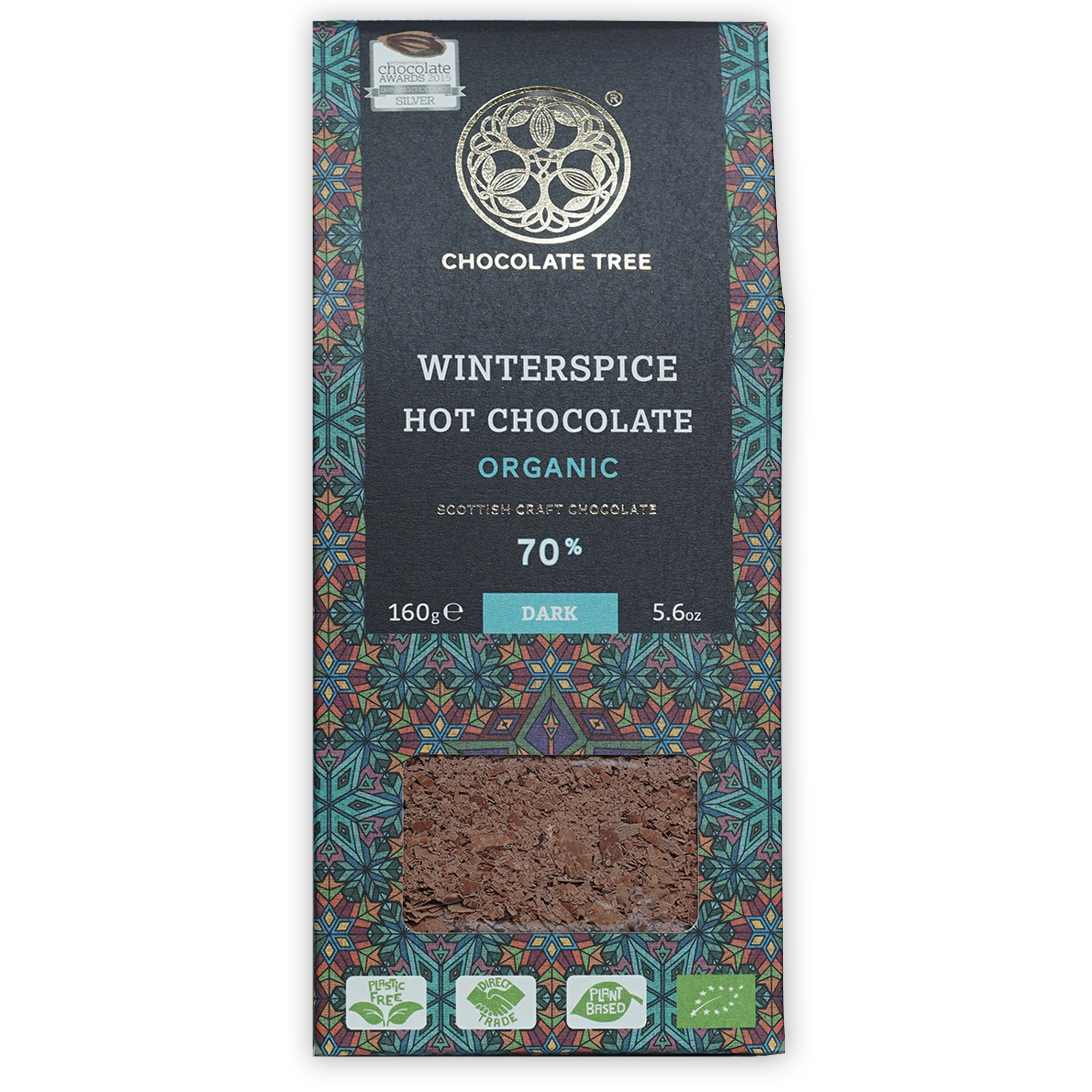 Chocolate Tree Winterspice organic 70% dark hot chocolate bar in teal green package