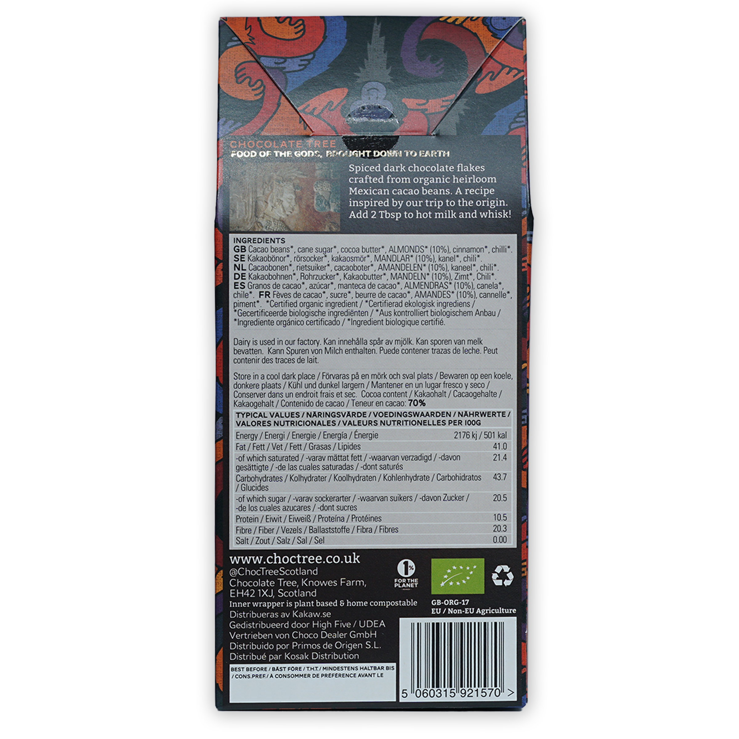 Back of Chocolate Tree Hot Chocolate Aztec Spice 70% bar box with ingredients