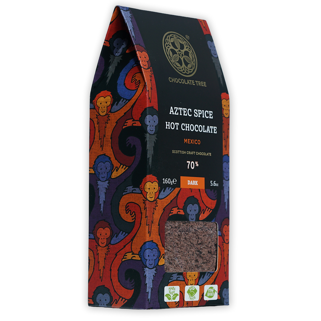 Chocolate Tree Aztec Spice 70% hot chocolate package with monkey designs
