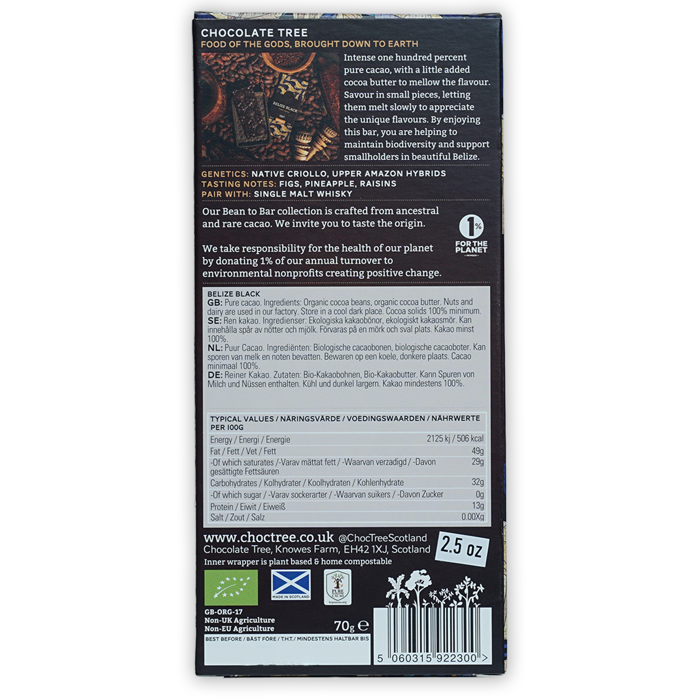 Chocolate Tree Belize Black 100% bar in dark blue packaging with cocoa beans