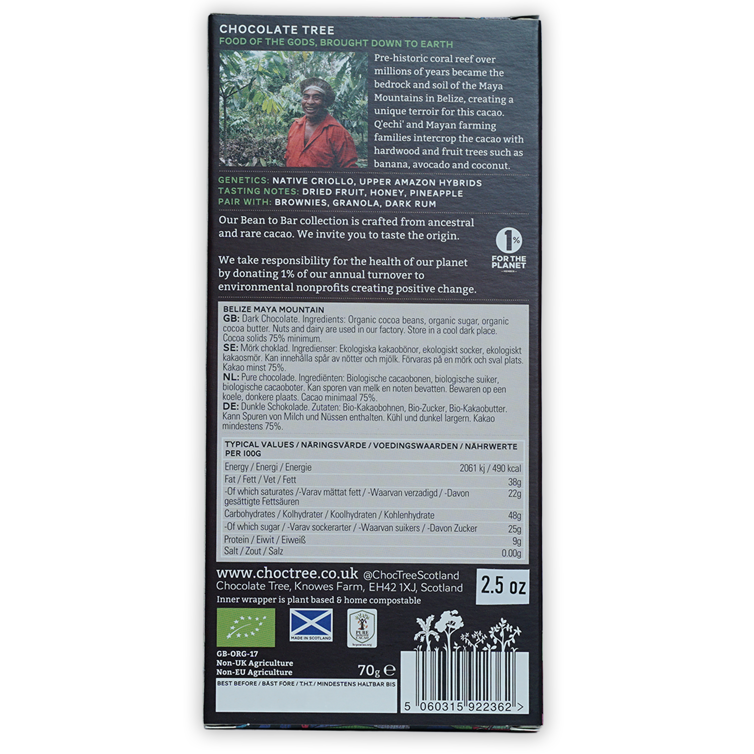 Chocolate Tree Dark Belize Maya Mountain 75% bar in black wrapper