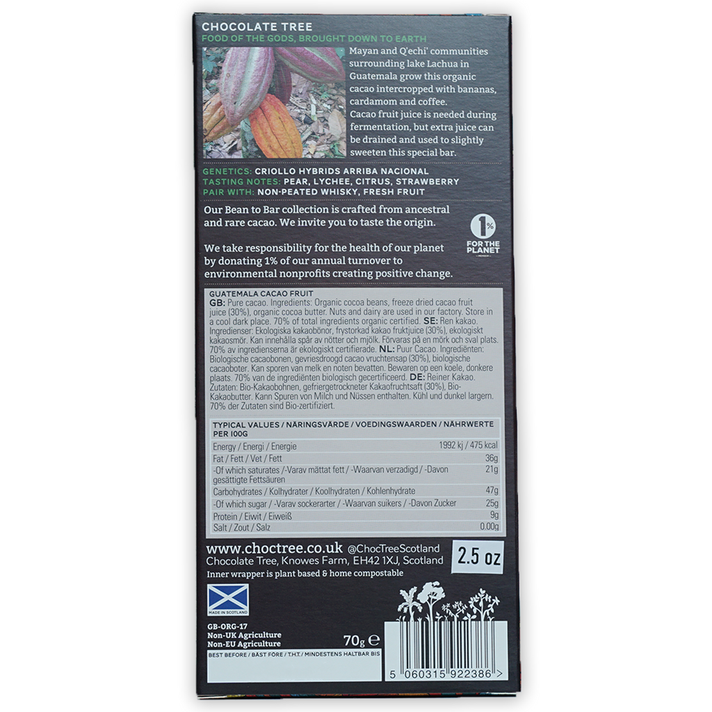 Chocolate Tree Dark with Cacao Fruit 100% bar in sleek black packaging