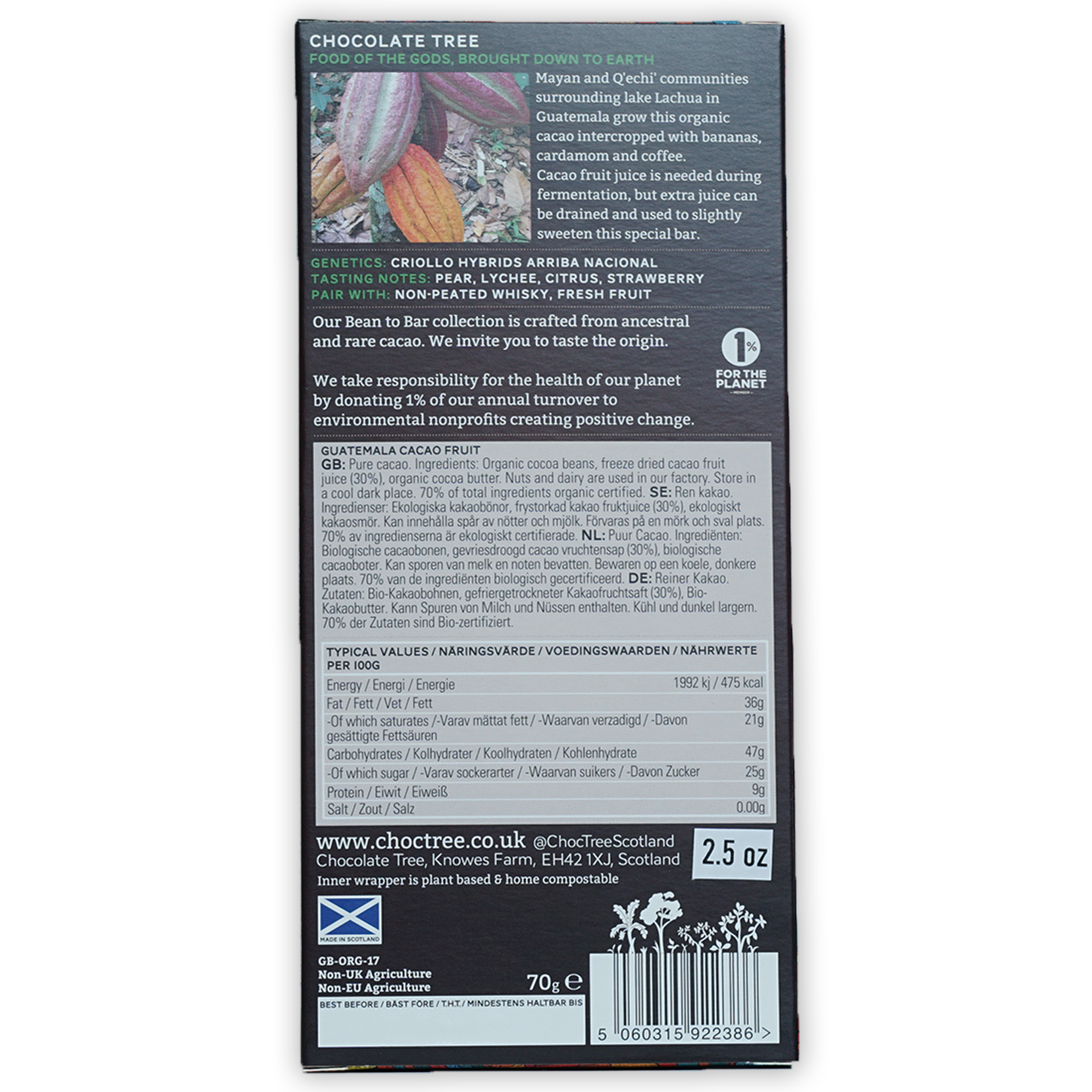 Chocolate Tree Dark with Cacao Fruit 100% bar in sleek black packaging