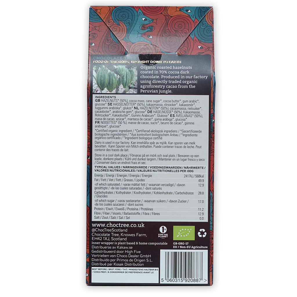 Back of Chocolate Tree 70% dark chocolate hazelnuts wrapper with tribal eye patterns