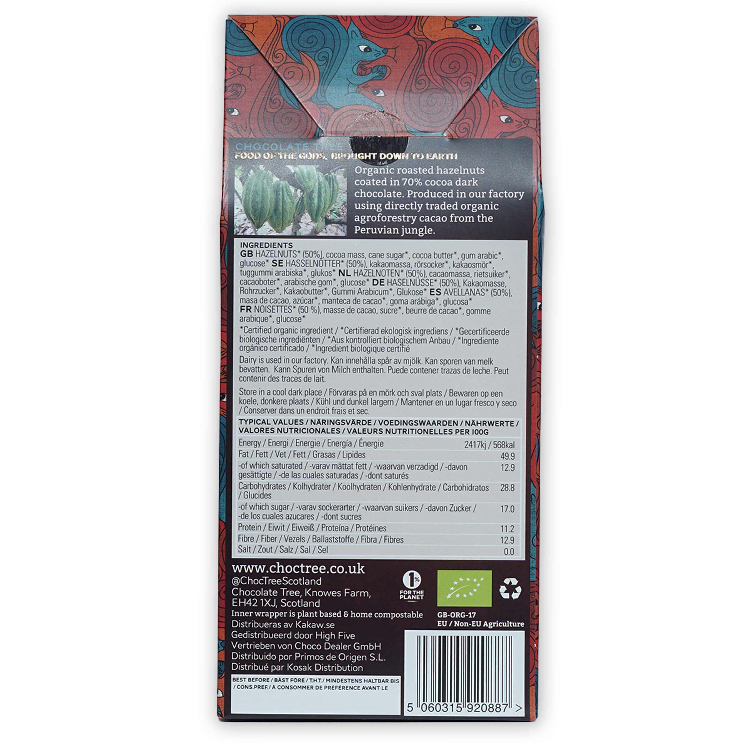 Back of Chocolate Tree 70% dark chocolate hazelnuts wrapper with tribal eye patterns