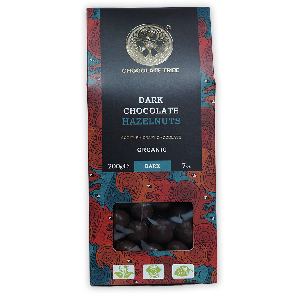 Chocolate Tree 70% dark chocolate covered hazelnuts in colorful package