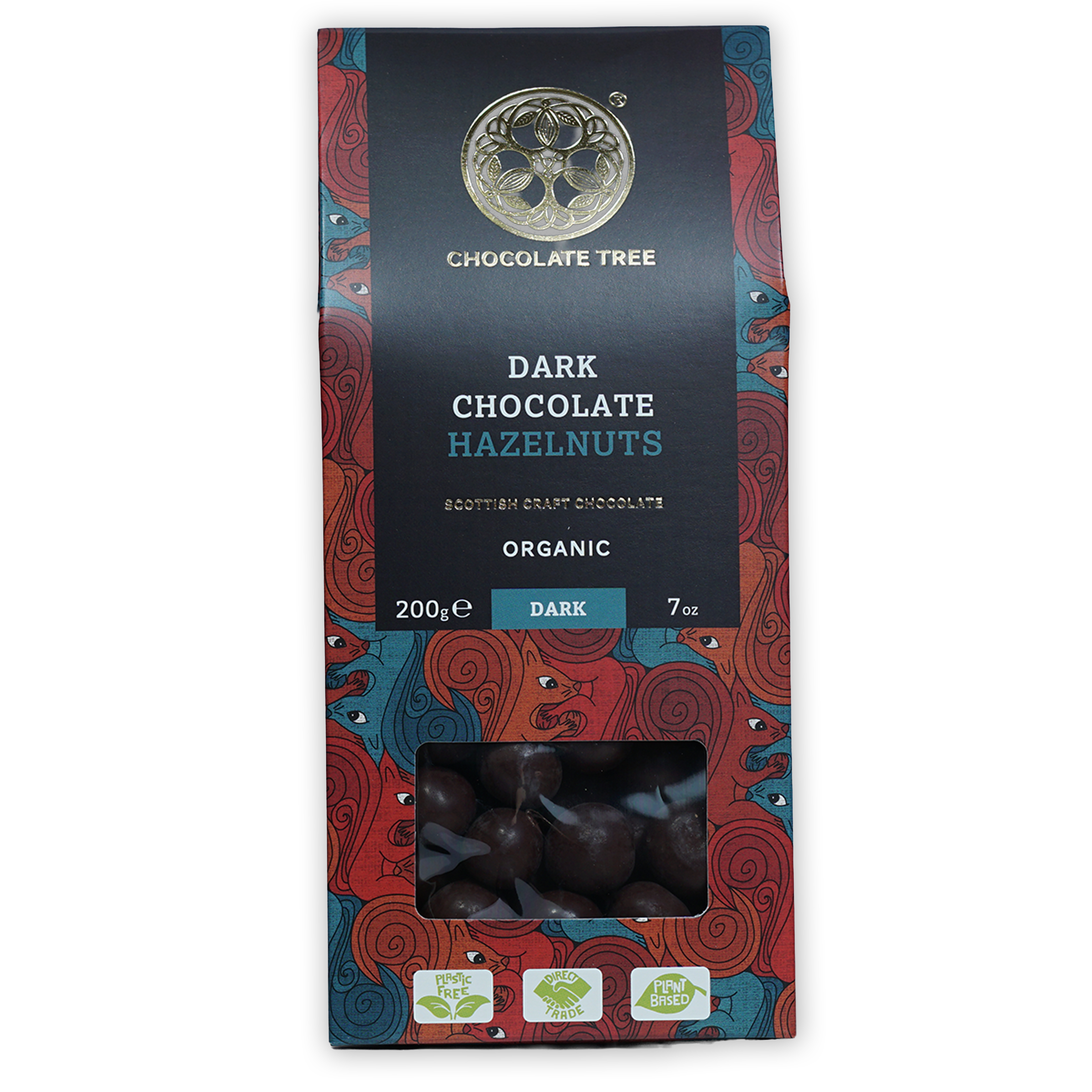 Chocolate Tree 70% dark chocolate covered hazelnuts in colorful package