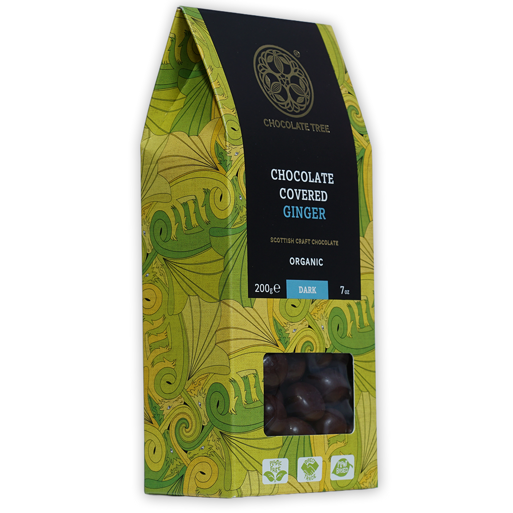 Chocolate Tree 70% dark chocolate-covered ginger bag with window