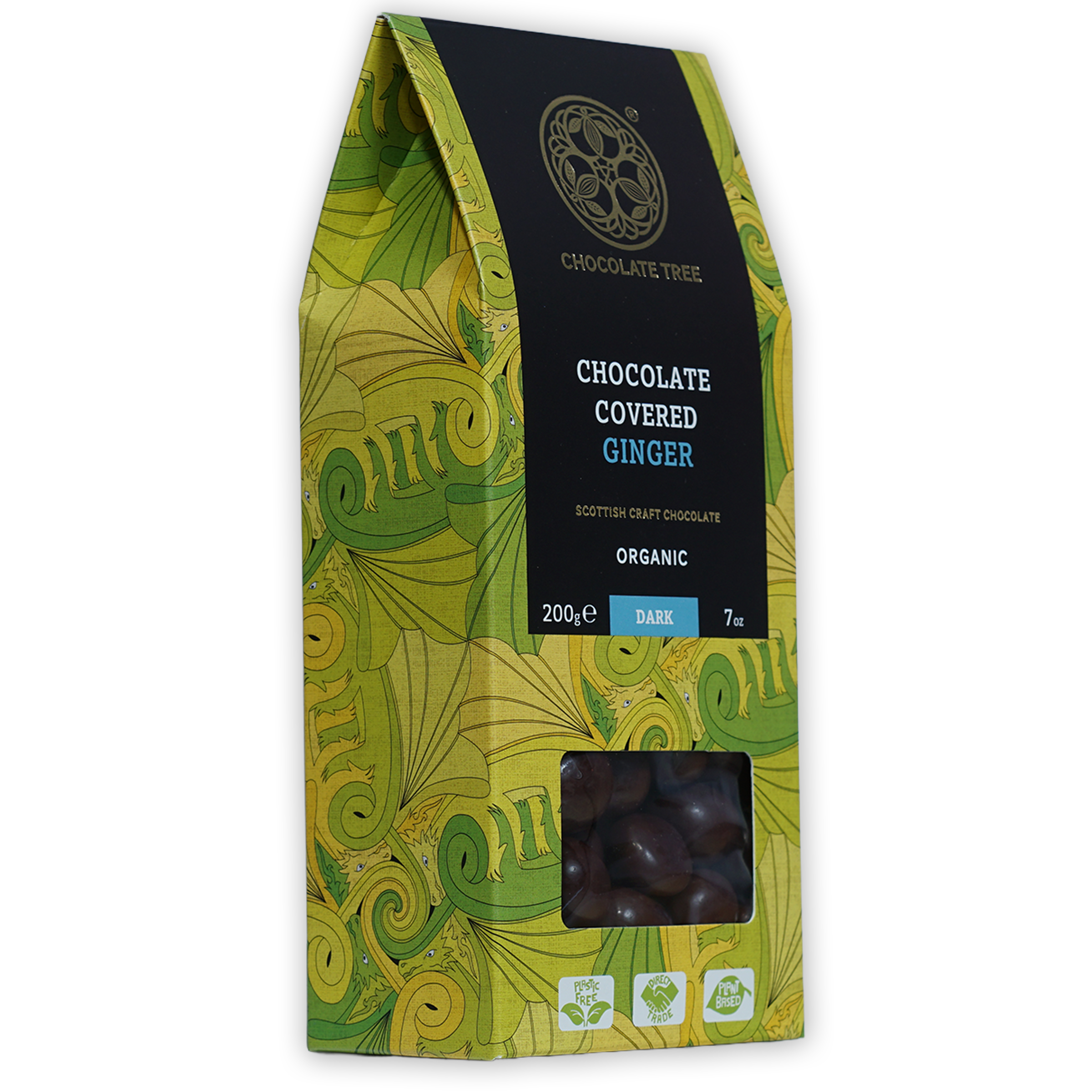 Chocolate Tree 70% dark chocolate-covered ginger bag with window