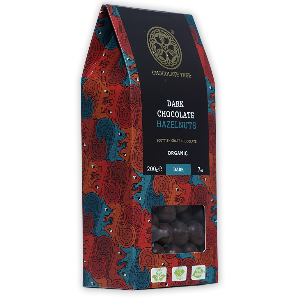 Chocolate Tree organic dark chocolate hazelnuts bag, red teal pattern, clear window