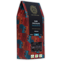 Chocolate Tree organic dark chocolate hazelnuts bag, red teal pattern, clear window