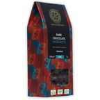 Chocolate Tree organic dark chocolate hazelnuts bag, red teal pattern, clear window