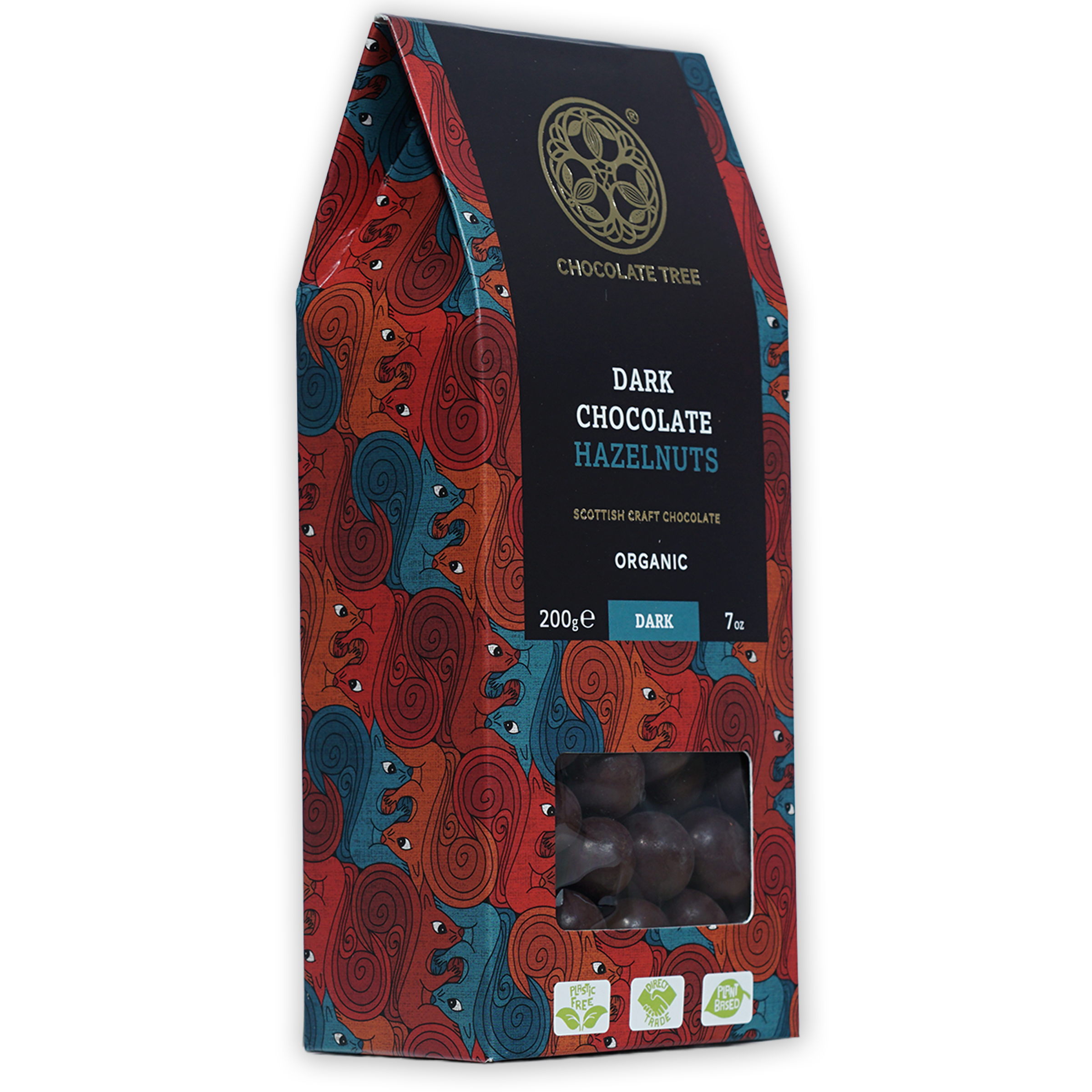 Chocolate Tree organic dark chocolate hazelnuts bag, red teal pattern, clear window