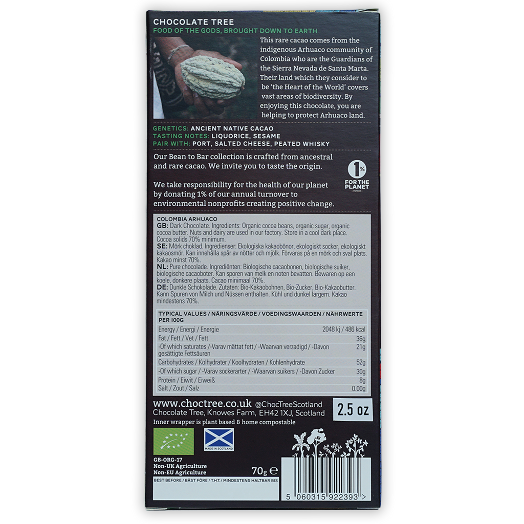 Chocolate Tree Dark Colombia Arhuaco 70% bar in dark green black pack with cacao pods