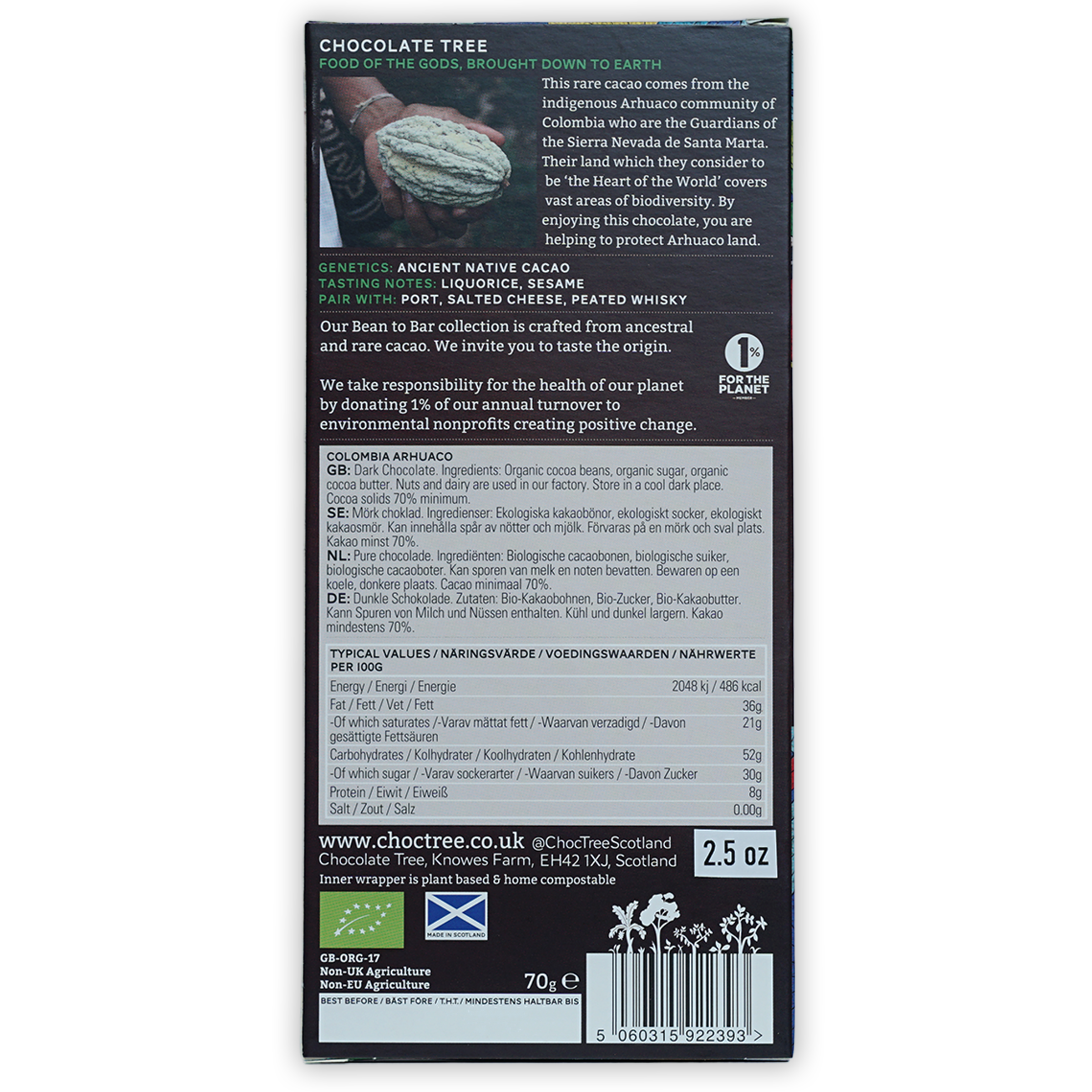 Chocolate Tree Dark Colombia Arhuaco 70% bar in dark green black pack with cacao pods