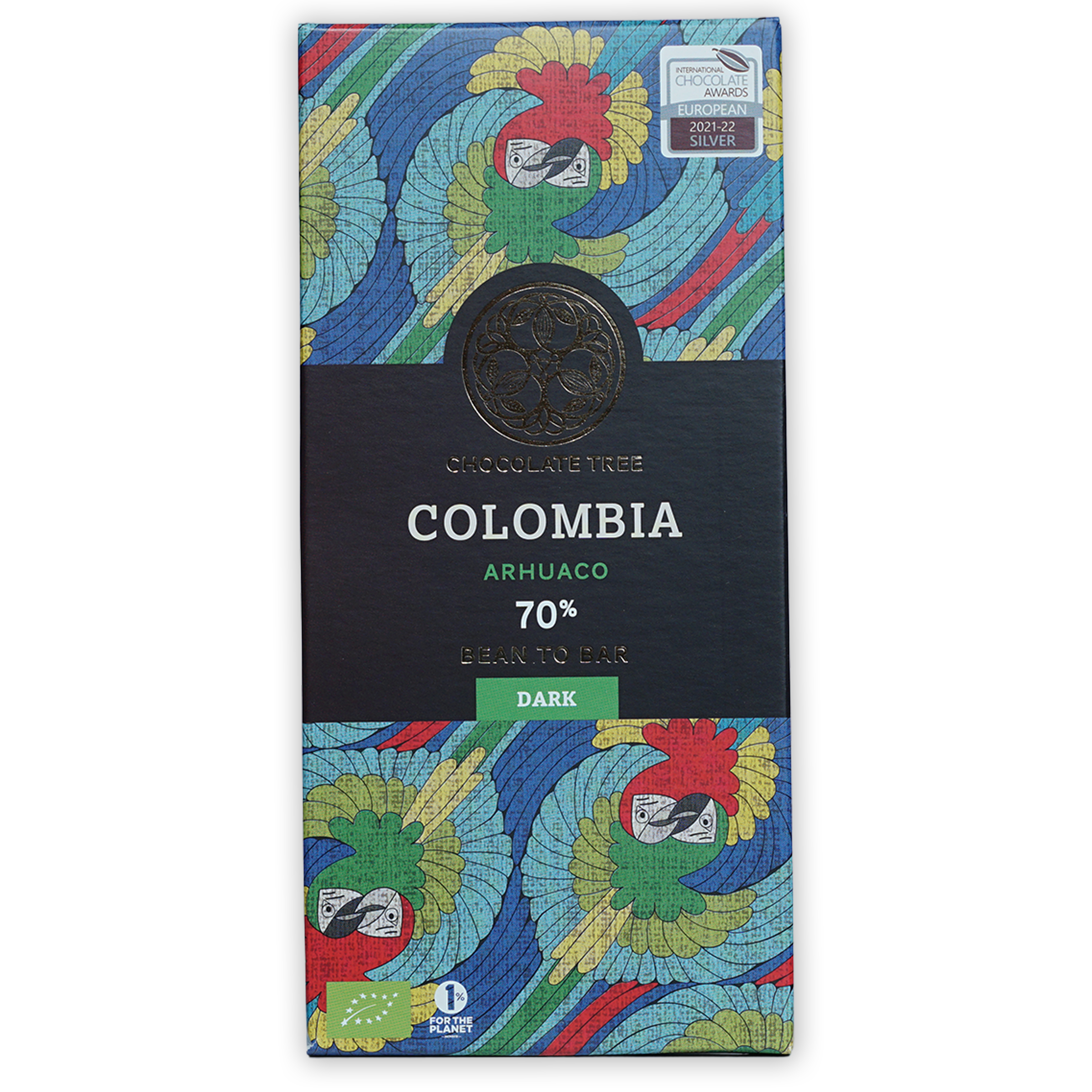 Chocolate Tree Colombia 70% dark bar wrapper with parrots in bundle