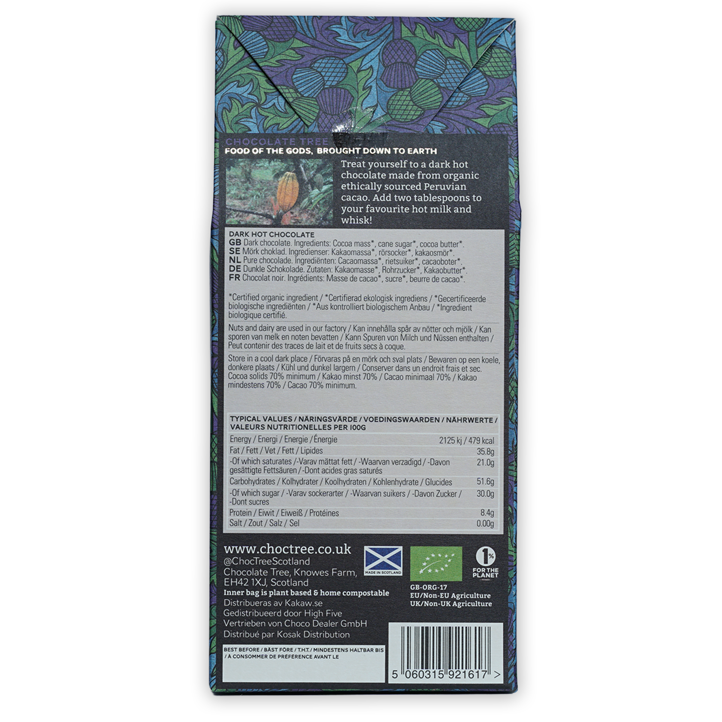 Chocolate Tree Hot Chocolate Dark 70% bar in blue green botanical packaging