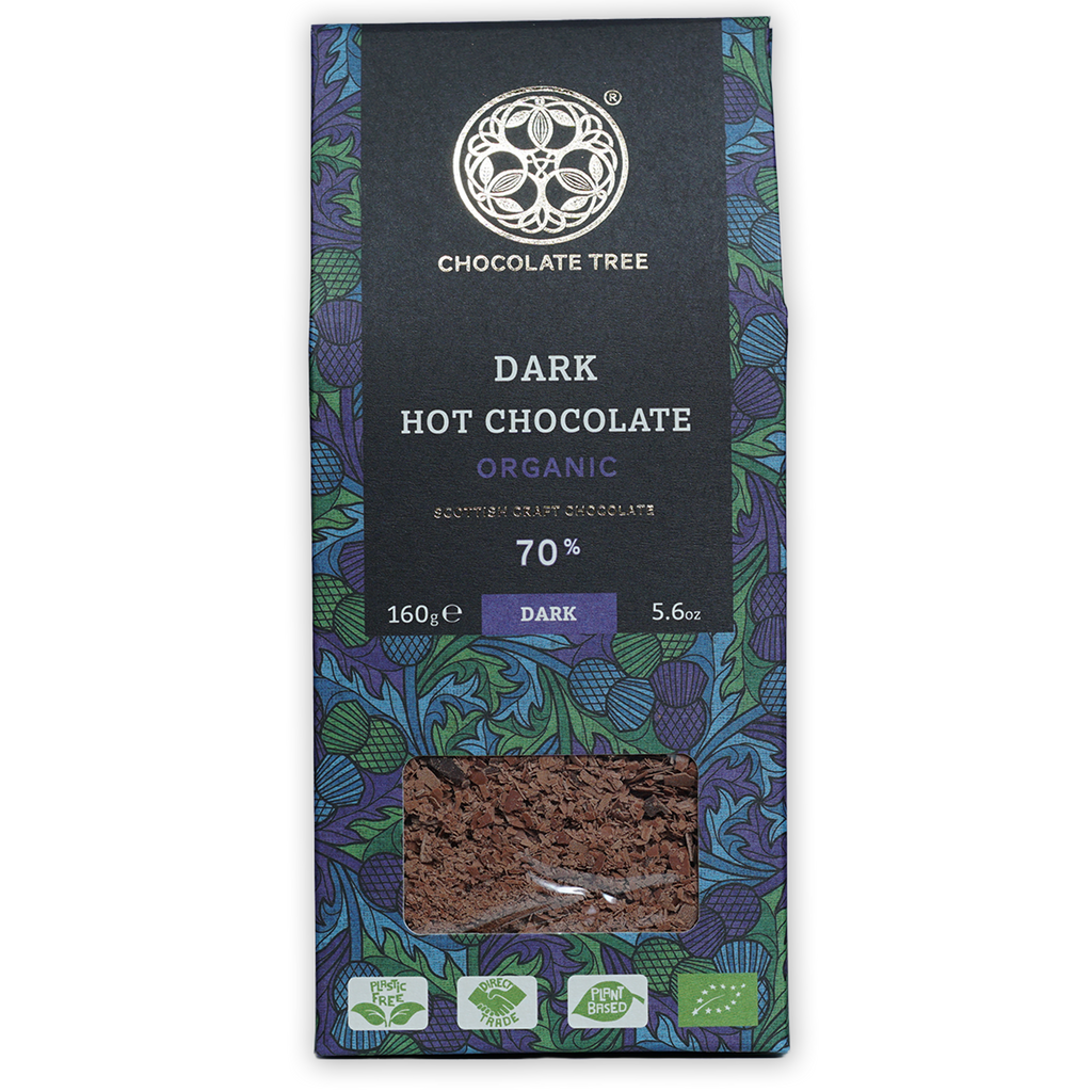 Chocolate Tree Hot Chocolate Dark 70% bar in vibrant purple green botanical wrapper