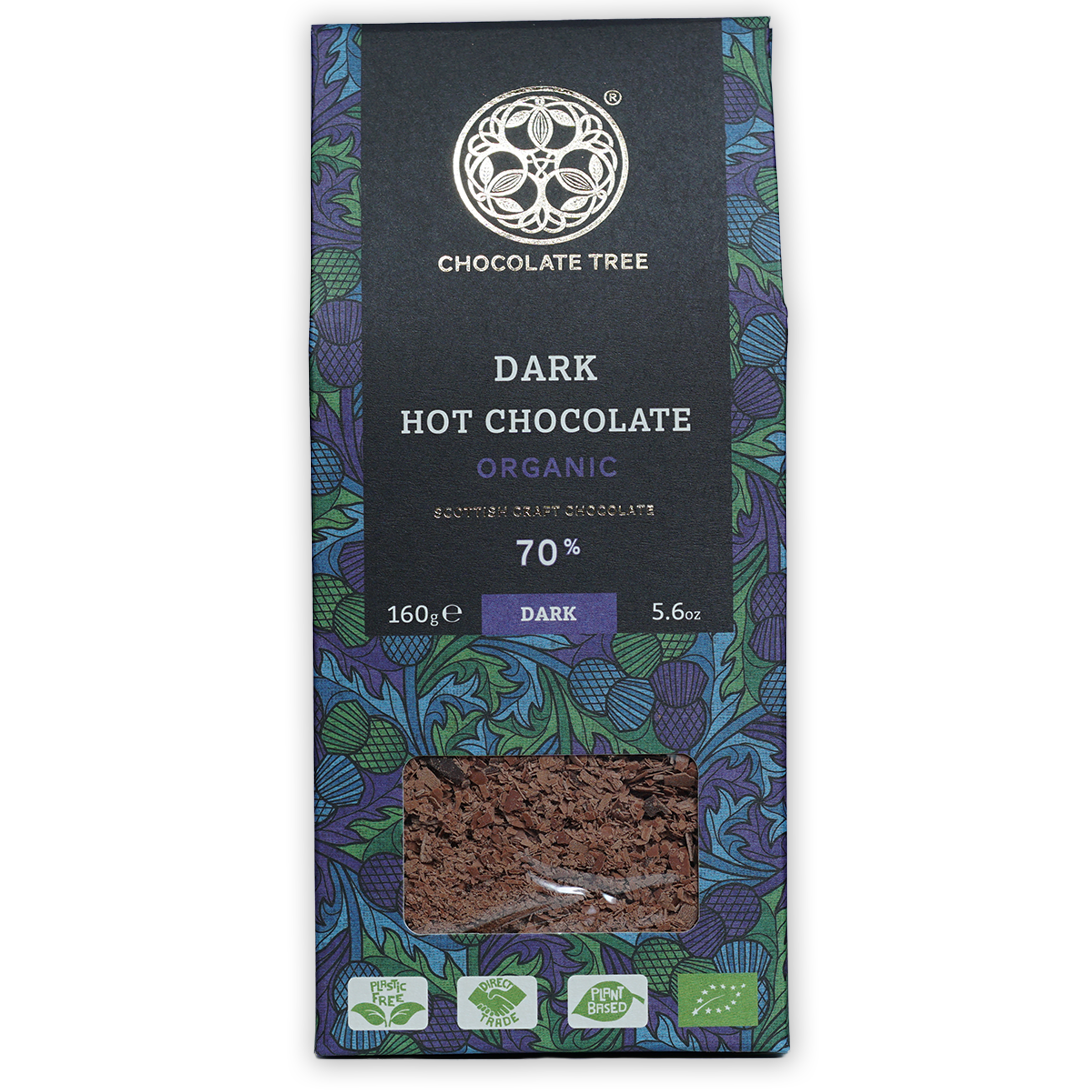 Chocolate Tree Hot Chocolate Dark 70% bar in vibrant purple green botanical wrapper