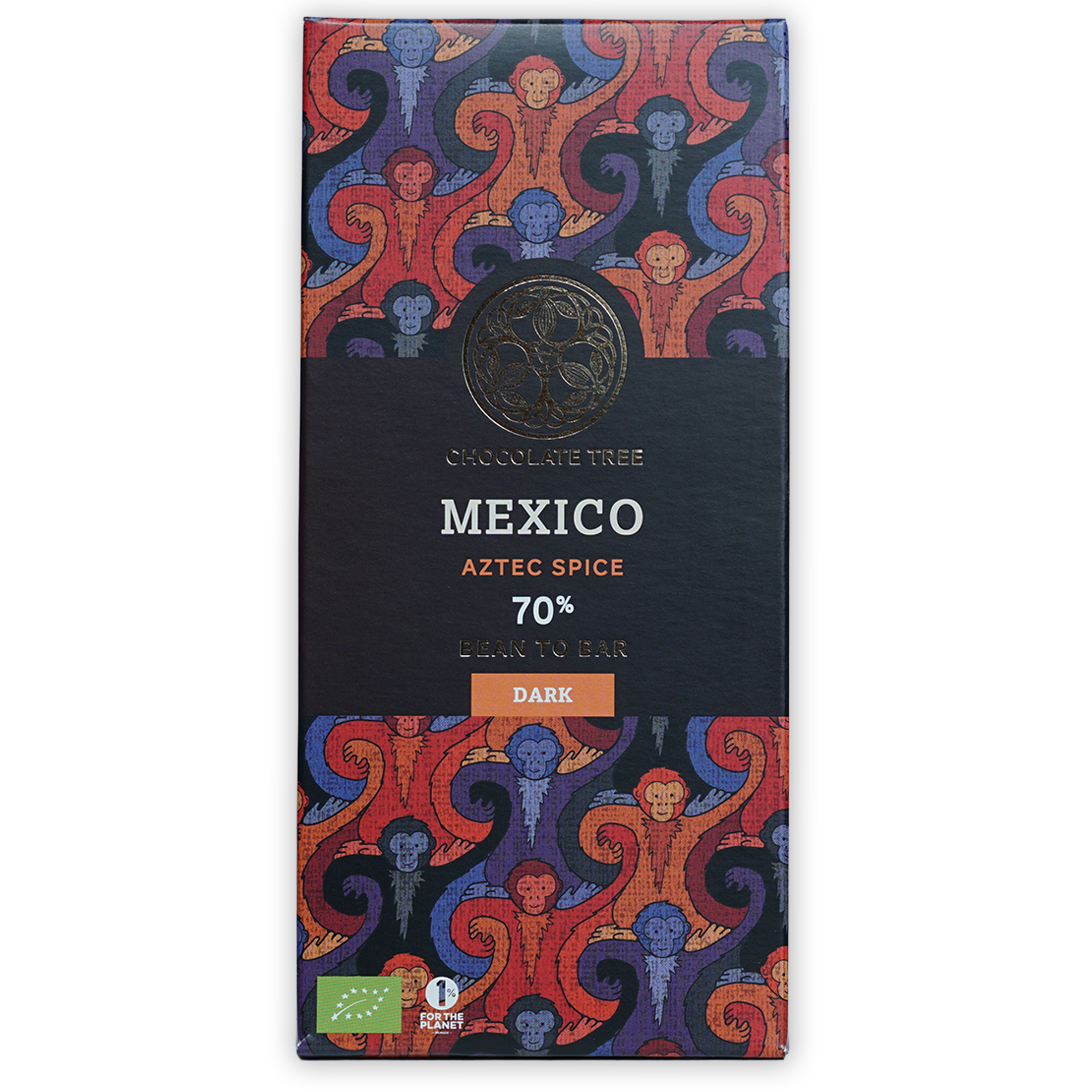 Chocolate Tree Dark Mexico Aztec Spice 70% bar wrapper with Aztec monkey pattern